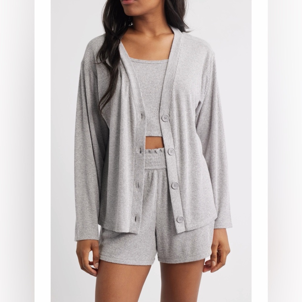 Open Edit Pajama Set 3 Piece  Sz L Marled Gray Soft Sleepwear Cardi Tank Shorts